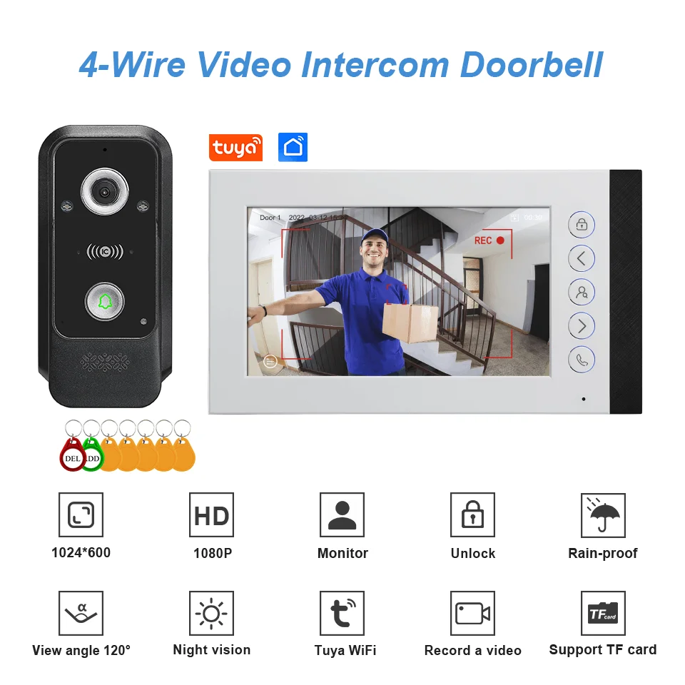 

4 Wire Video Intercom System Tuya Wifi Video Intercom RFID/NFC Unlock Camera For Option+7Inch Screen Night Vision Home Door Bell