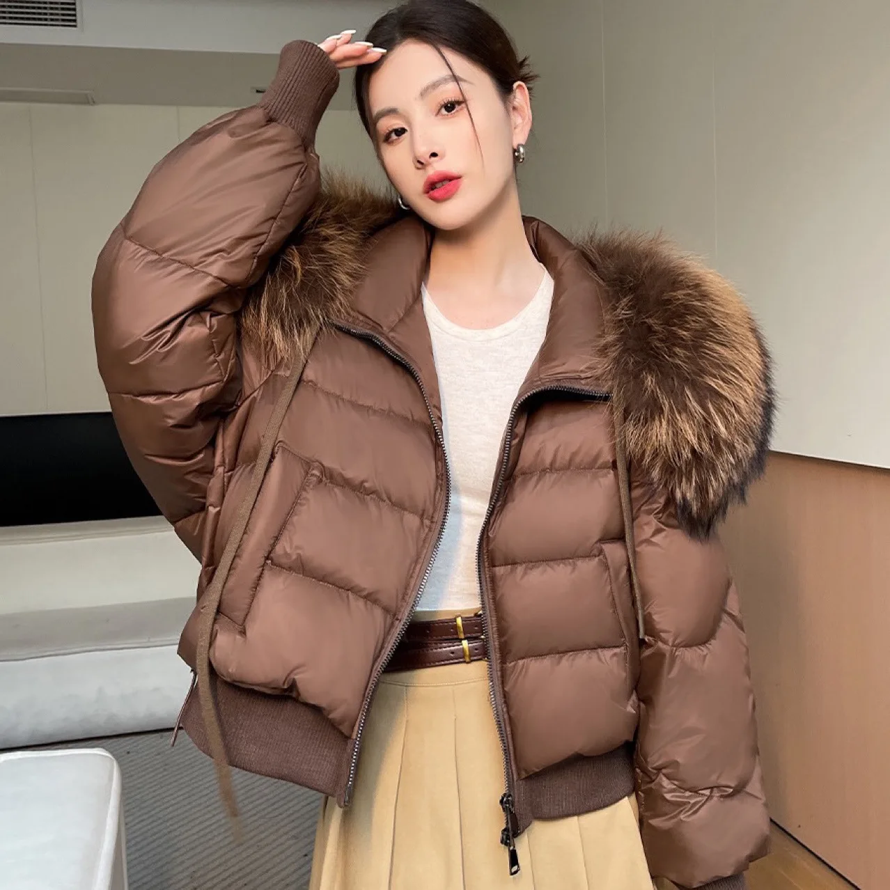 

Hot Selling Item Down Jackets Fur Coat Natural Raccoon Fur Collar Winter Keep Warm Appear Thin Simple Style Women Apparel