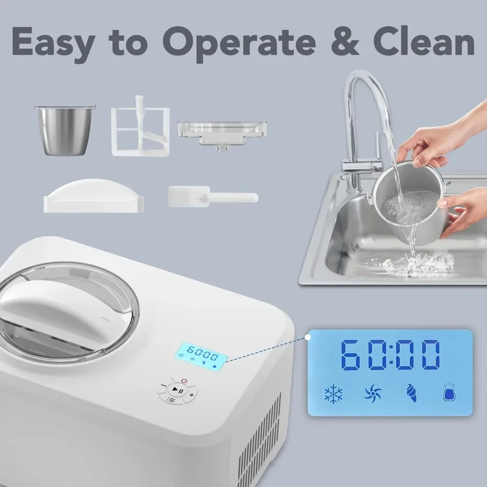 Ice Cream Maker Machine with Built-in Compressor, Fully Automatic and No Pre-freezing, Frozen Yogurt, Keep-cooling