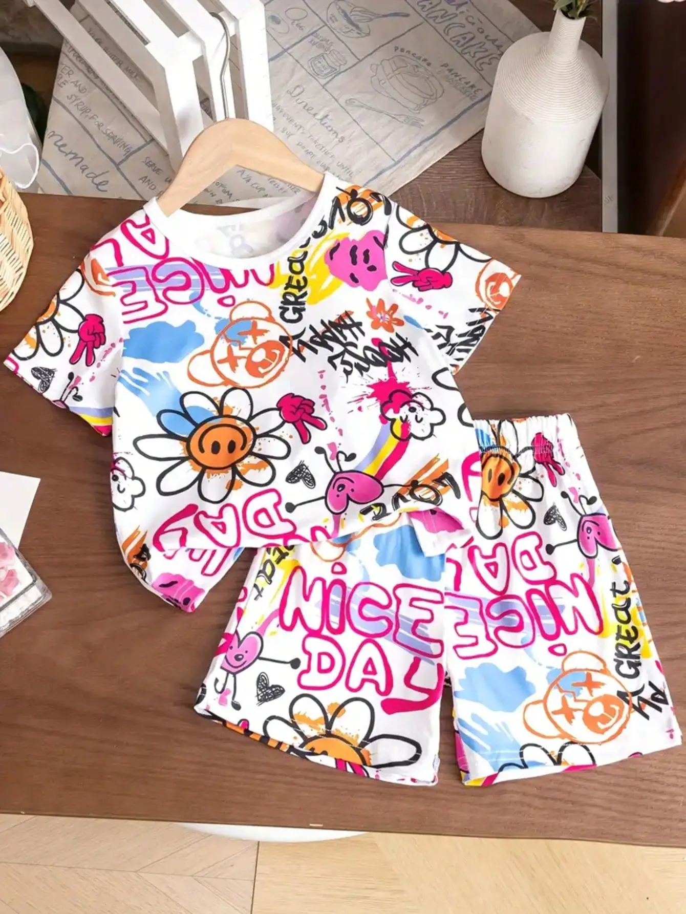 Verspieltes Herzförmiges T-Shirt mit Fröhlichem Gesichts-Graffiti und Shorts-Set, Bequeme Freizeitkleidung für den Alltag – Detail 3
