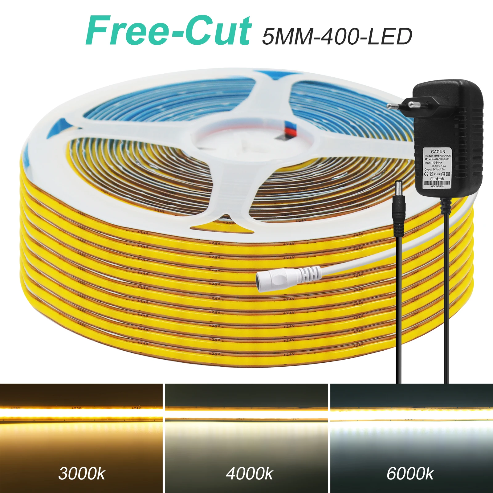 

Free Cut COB LED Strip with Power Supply 12V 24V 5MM Flexible LED Tape Ribbon 400LEDs/M High Density Linear Light EU/US/UK/AU