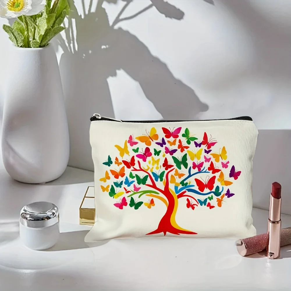 Eine Make-up-Tasche mit Regenbogenbaum-Schmetterlingsdruck – multifunktionale Reißverschlusstasche, Schmuckaufbewahrungstasche