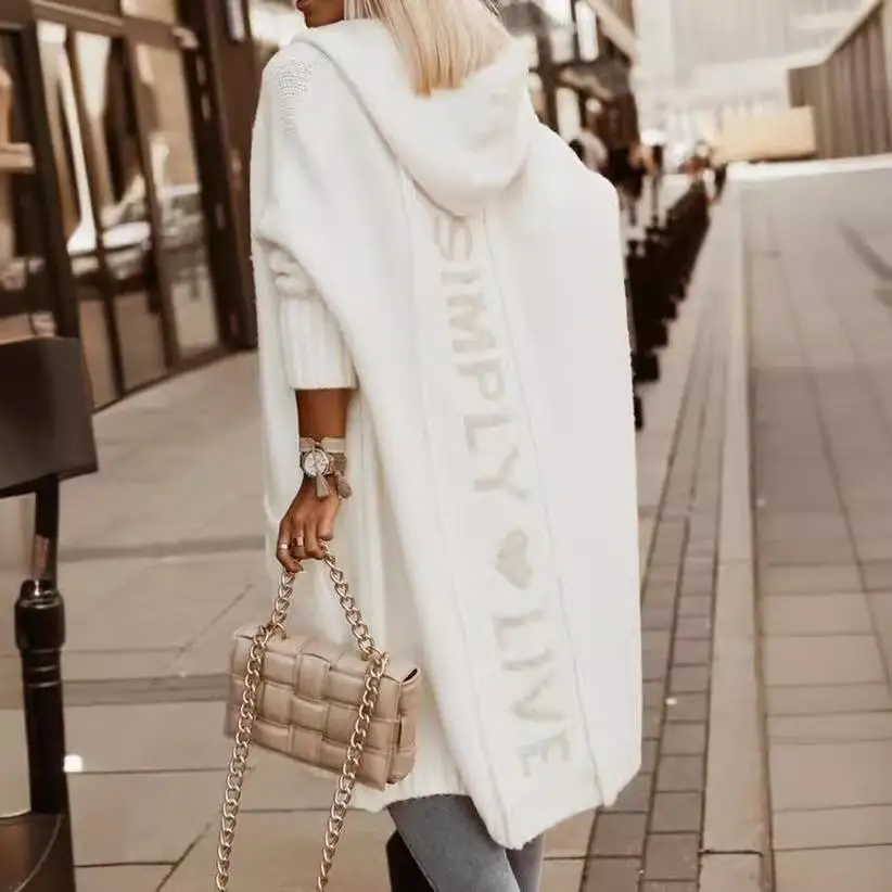 

Женский длинный шерстяной свитер с воротником-кардиганом и капюшоном, джемпер из полиэстера и волокна, цельный однотонный, осень 2024, осень