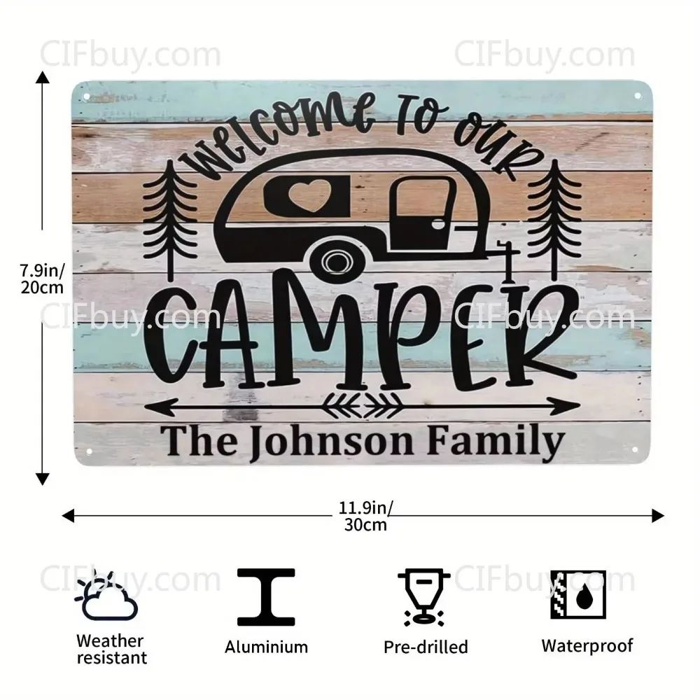 CIFbuy 30x20cm Camper-Style Aluminum Wall Sign, Personalized Custom Family Name, Outdoor Yard Wall Art Decor Gift