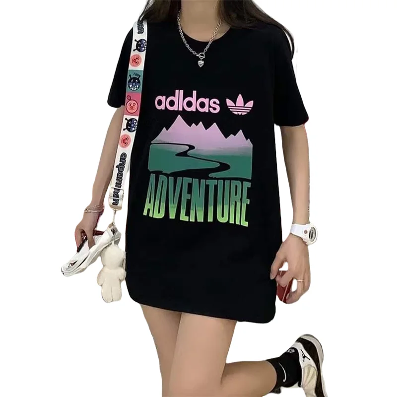 アディダス 212973   オディールアイス磁器コットンプリントラウンドネック半袖Tシャツ夏のカップル男性と女性(M-5XL)ブラックカラー