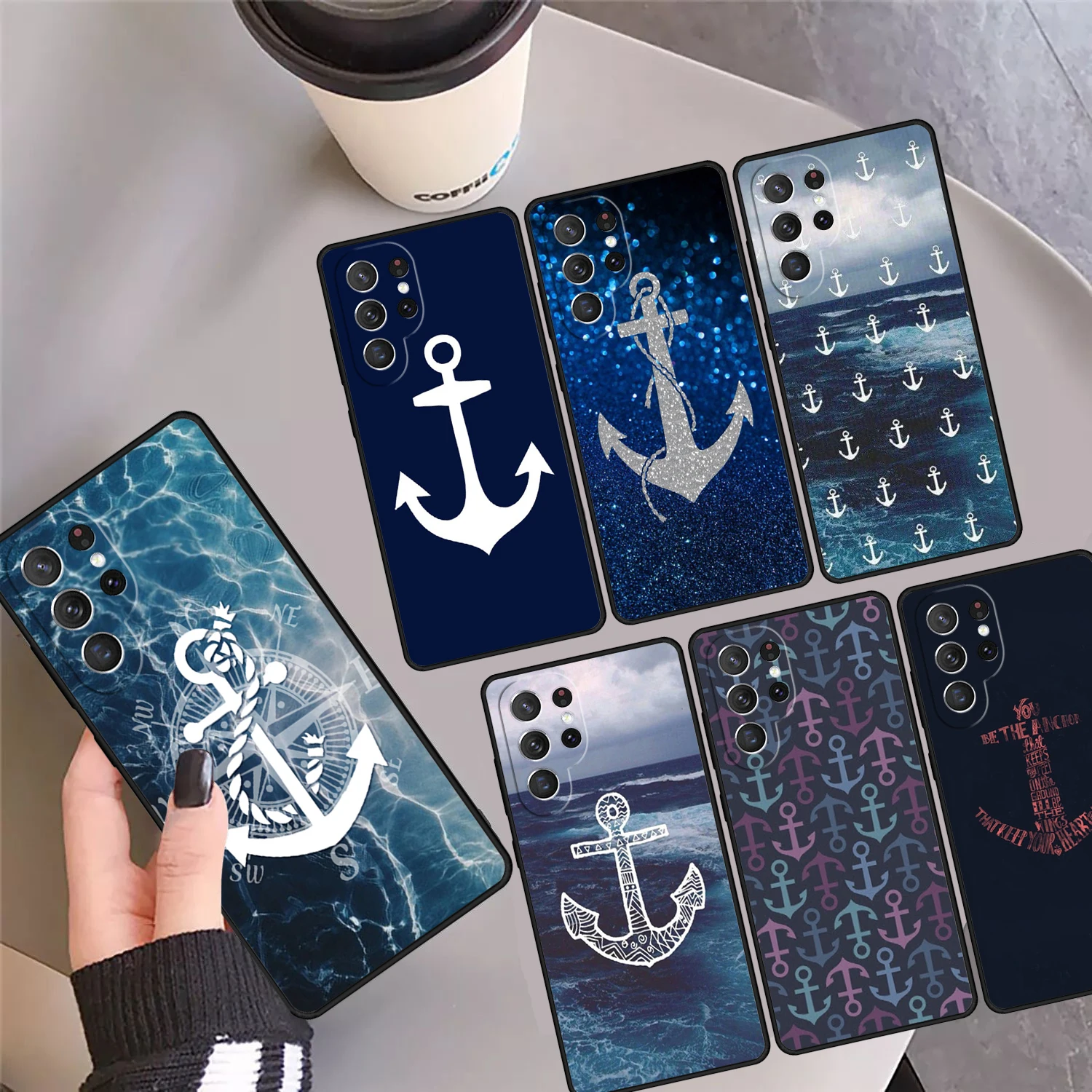 blue boat anchor Printing Drawing Phone Case Cover For Samsung Galaxy S24 Ultra 23 S22 Plus S21 FE S20 S8 S9 S10 Note 10 Pro