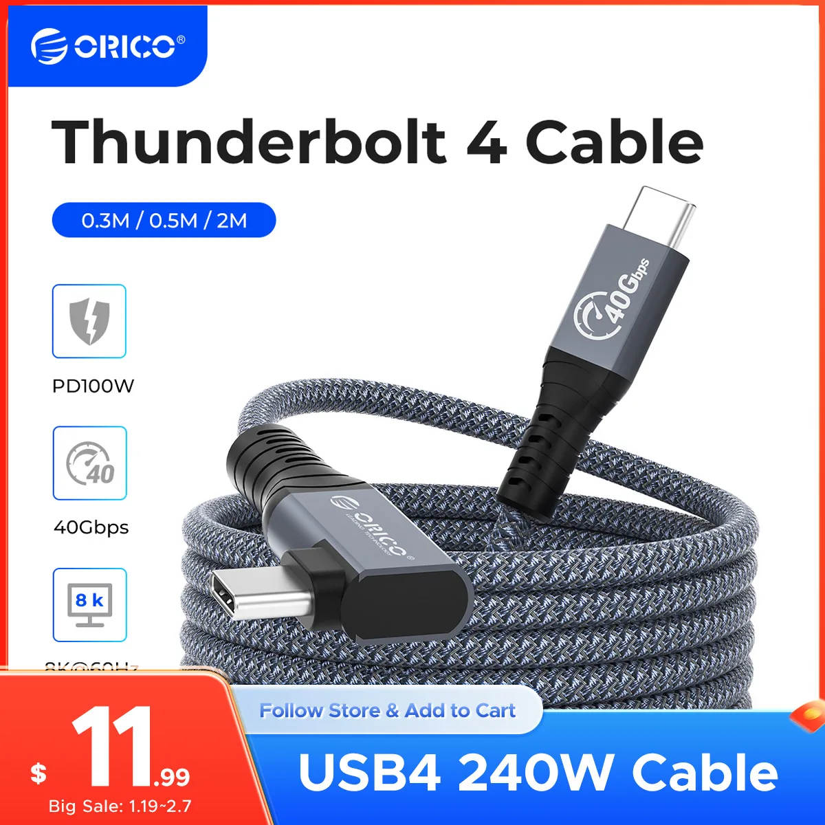 ORICO Thunderbolt 4 Compatible Cable 2M HD Video 8K60Hz USB C PD100W Fast Charge USB4 40Gbps Data Transfer for iPhone15 PSSD PS5