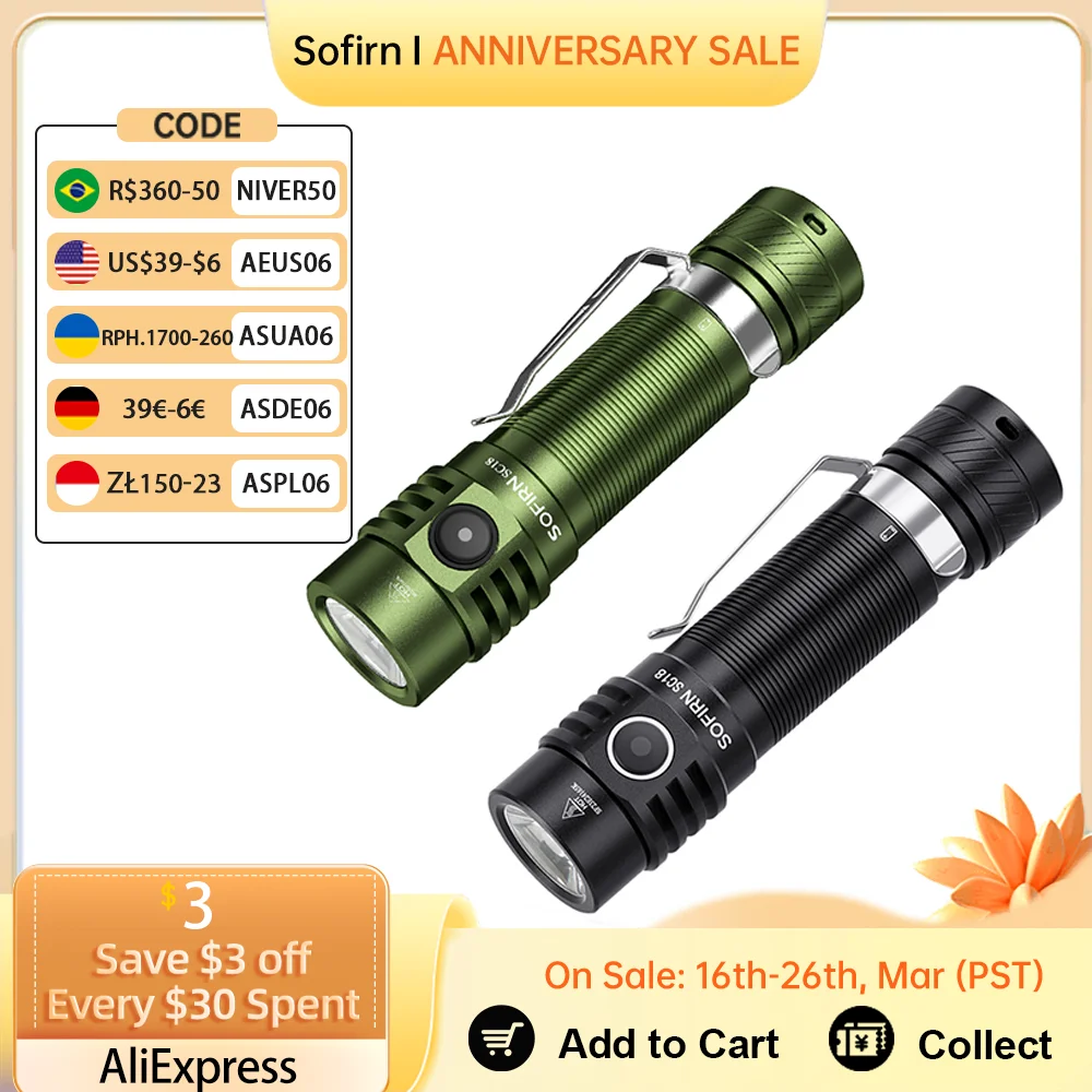 Sofirn SC18 1800lm EDC Flashlight USB C Rechargeable SST40 LED 18650 Torch TIR Optics Lens Lantern with Power indicator