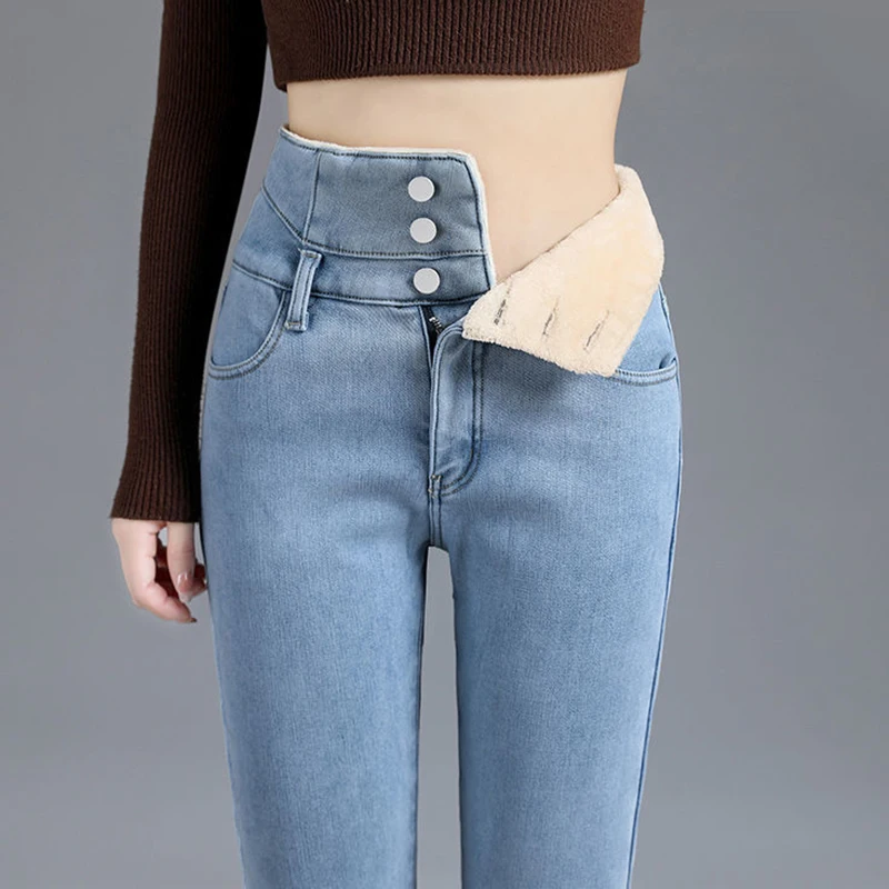Thick Lambwool Pencil Jeans Women Vintage Plus Velvet Winter High Waist Denim Trousers Snow Wear Big Size Skinny Stretch Legging