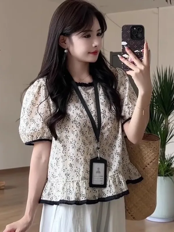 

Женская летняя повседневная блузка свободного кроя с цветочным принтом, рукавами-фонариками и художественным ретро-дизайном, для полных фигур