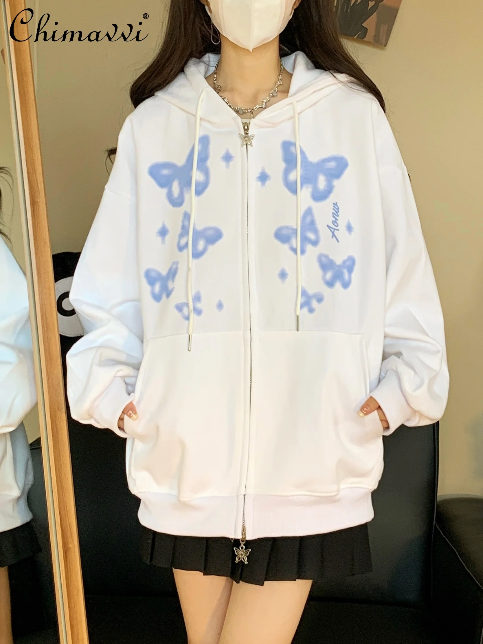 

Fashion Butterfly Strap Hooded Coat 2023 Autumn Clothes New Loose Long-sleeve Girly Style Double-Headed Loose Zip Jackets