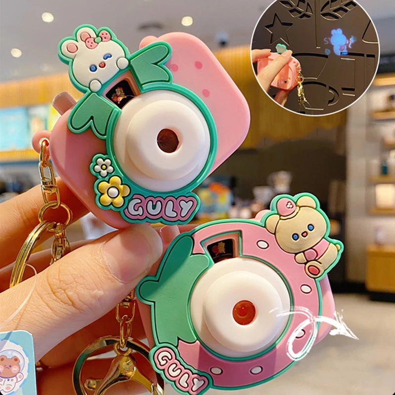 Creative Strawberry Projector Rabbit Camera Key Chain Cute Cartoon Projecting Eight Photo Bear Doll Keychain Couple Bag Pendant