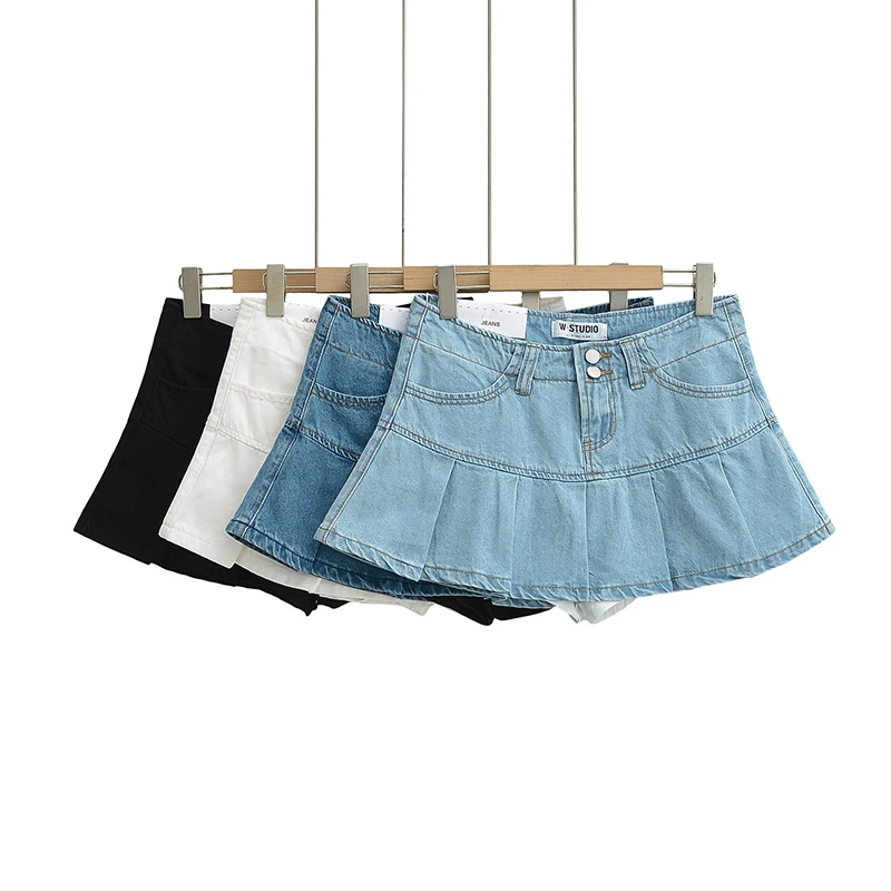 Schinteon Damska Letnia Mini Spódniczka Jeansowa Seksowna Falbanki Plisowana Spódniczka Jeansowa z Wysokim Stanem Spodnie Spódniczka Nowość Lato 2025