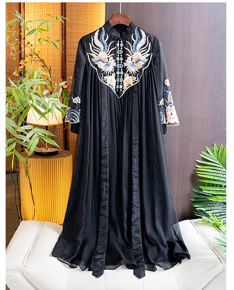 Exquisite Phoenix Embroidery Women's Spring And Summer 2023 New Standing Collar Loose Medium Length Dress Women S-XXL