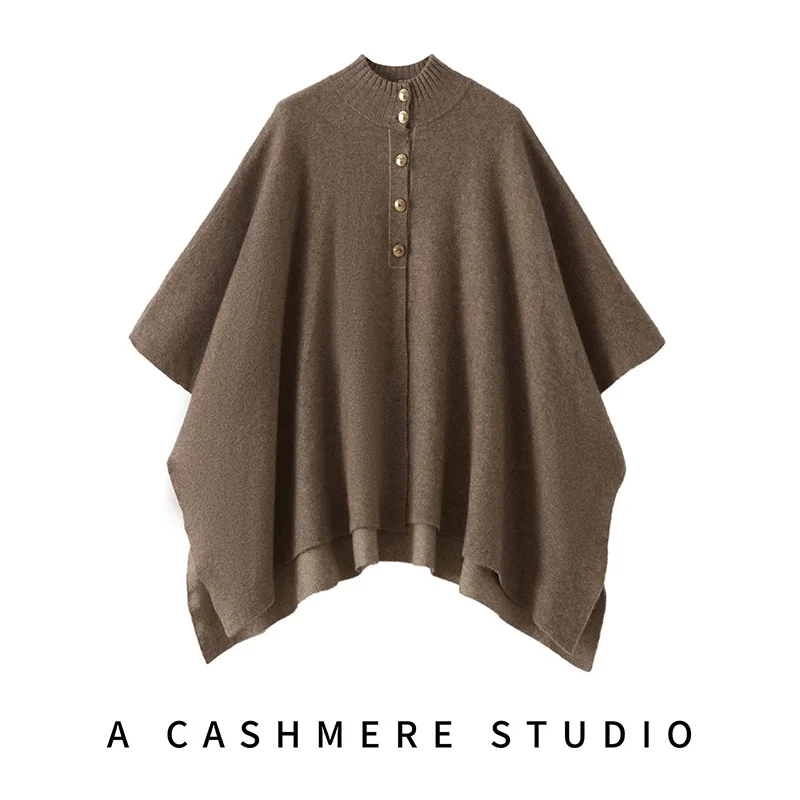 High-Quality 100% Goat Cashmere Mock Neck Cape Women's Fashion With Winter Knitted Solid Color Shawl Women's Padded Warm Cloak