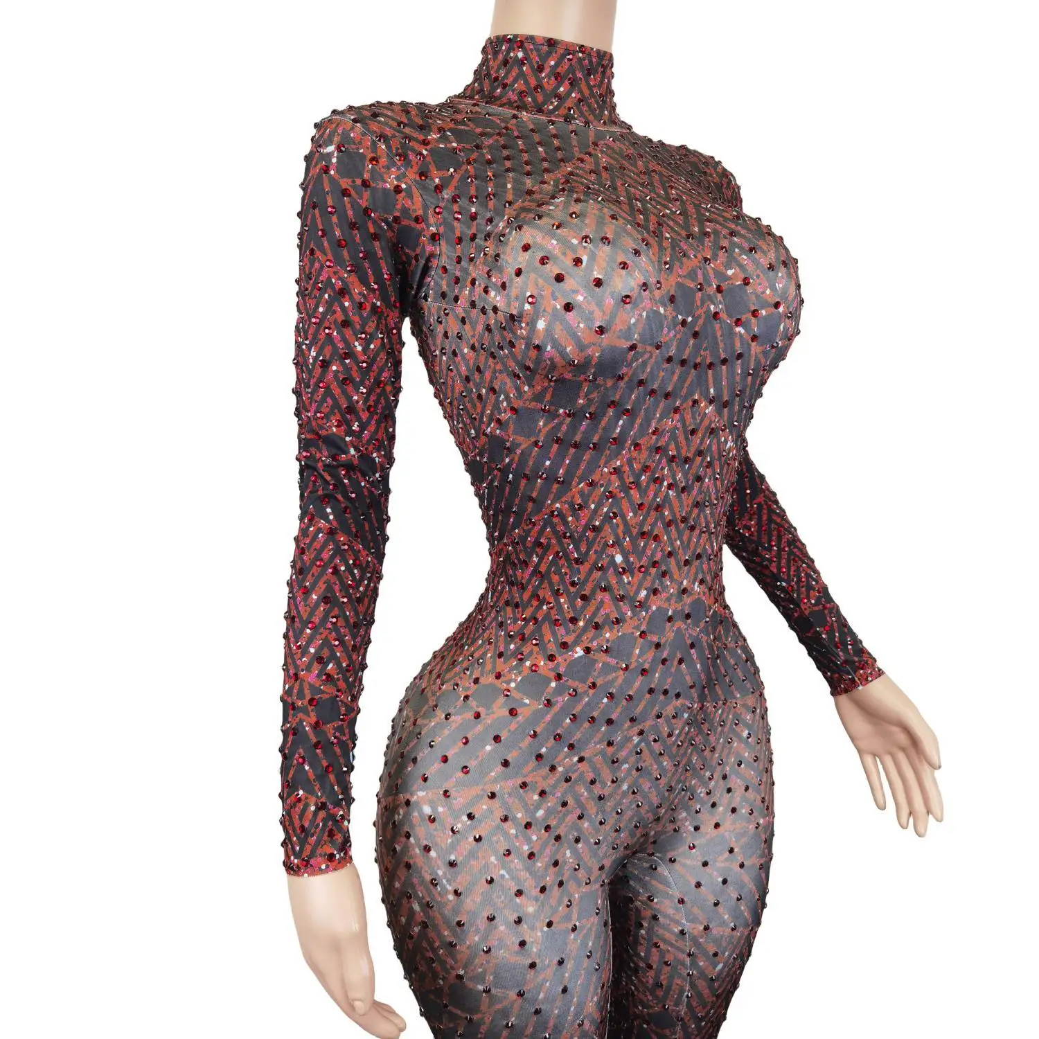 Imagem -04 - Camisola de Manga Longa Feminina Trajes de Palco de Dança Macacão Bodycon Strass Brilhante Cristal Tamanho Grande Vermelho Lady Lady Fashion