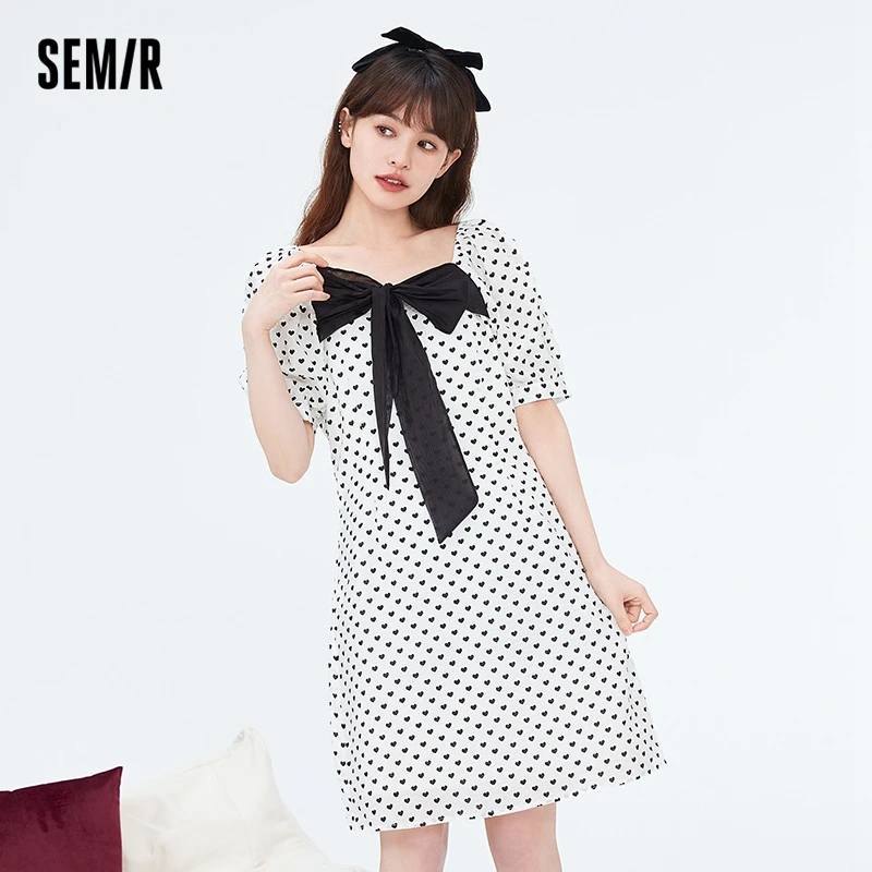 Semir Dress Women'S Square Neck Bow Love 2024 Summer New Aop Dress Girl Cute