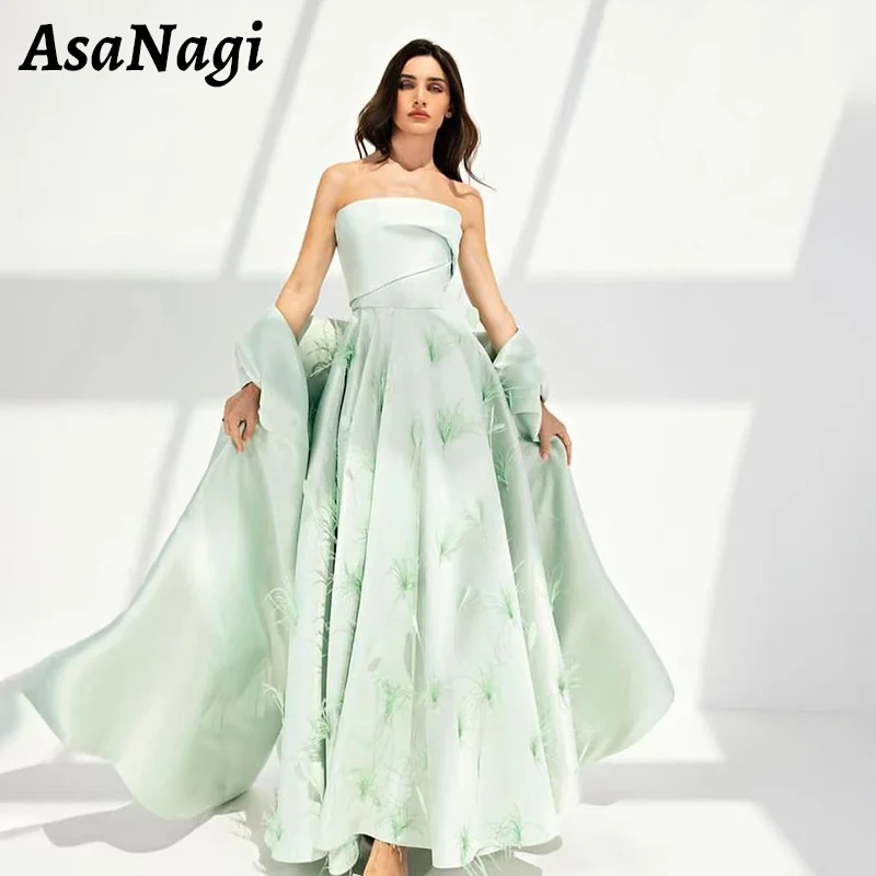 

AsaNagi Satin Strapless Evening Gown Women's A Line Feather Party Prom Gowns Ankle Length Shawl Saudi Special Occasion Dress