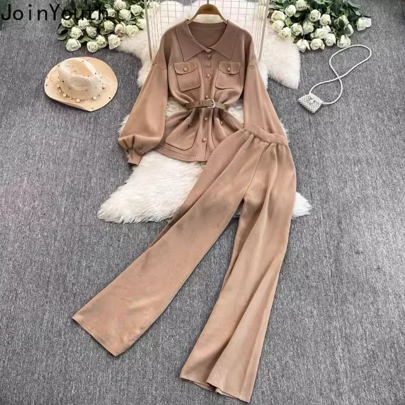 Two Piece Sets Womens Outfits Roupas Femme Turndown Collar Slim Waist Cardigan High Waist Straight Wide Leg Pants Suit Knit Set