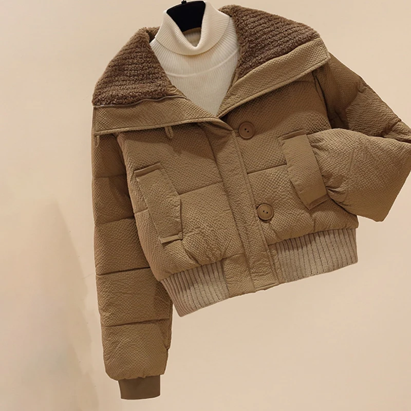 

Сплошной цвет, простой стиль, хлопковые куртки, женские зимние модные пальто на молнии с лацканами, повседневная универсальная верхняя одежда с длинными рукавами