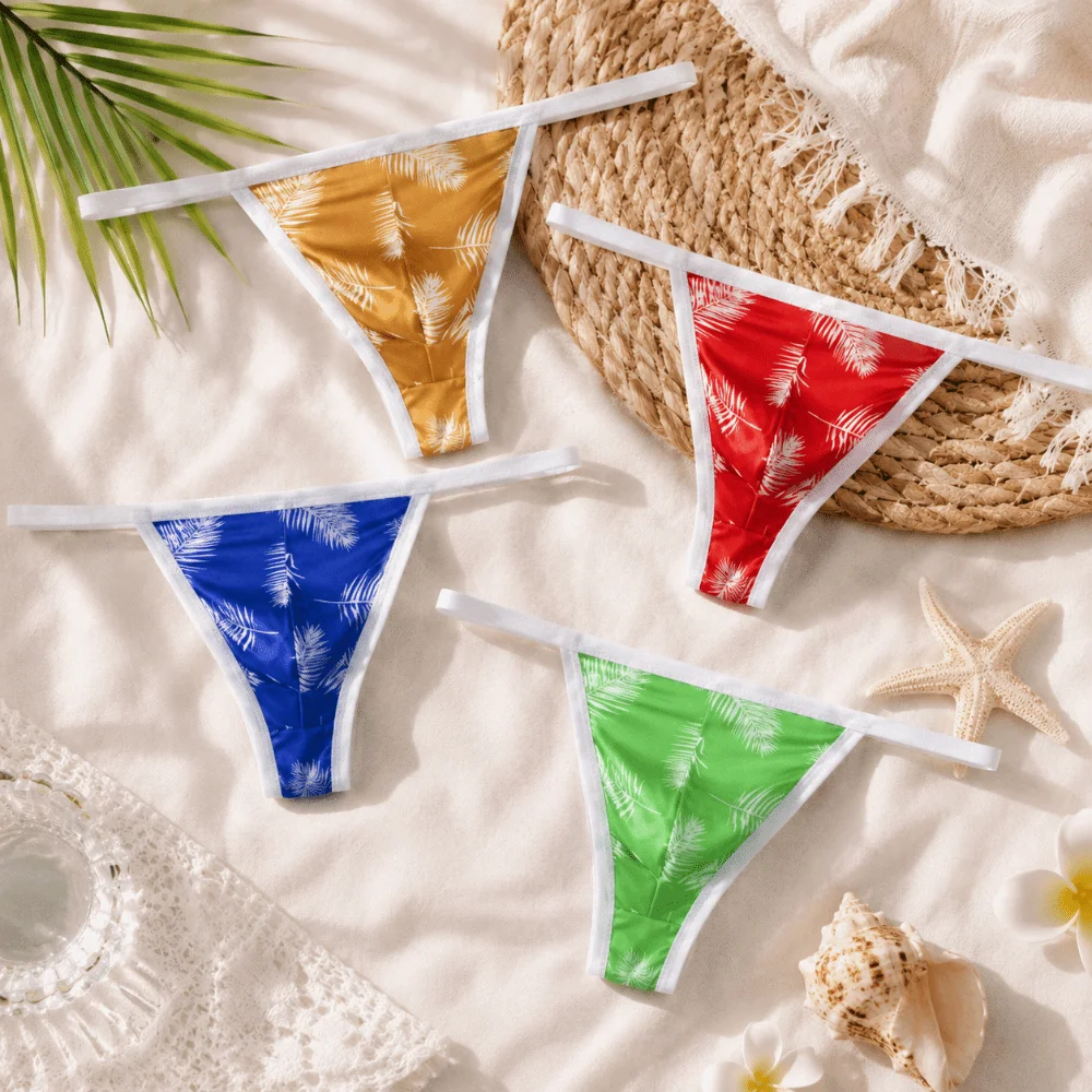 Summer Thin Strap Underwear Male Ice silk Low Waist Men's Thong Feather Printed Lingerie T-back Briefs Boy