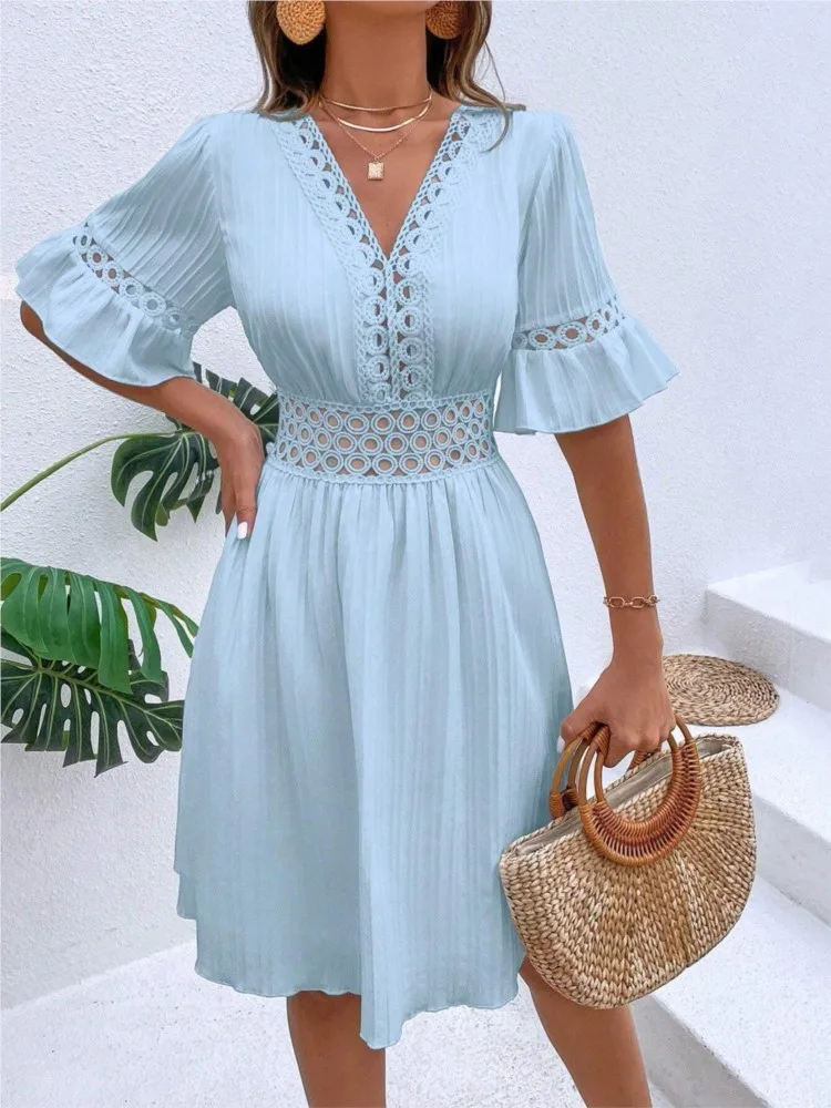 Women Elegant White Midi Dresses New Summer Lace Patchwork Casual Fashion Sexy V Neck Waistband Solid Tunic Party Dress Vacation