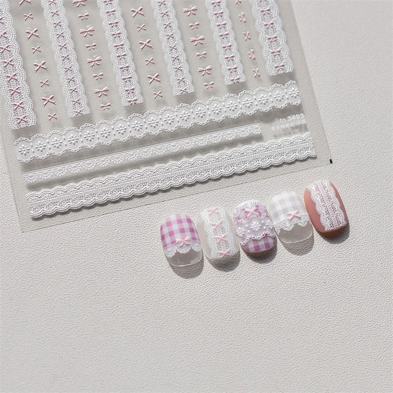 Autocollants pour ongles en dentelle rose et blanche, nœud papillon, cœur d'amour, 5D, design d'art d'ongle, décalcomanies de décoration, manucure bricolage