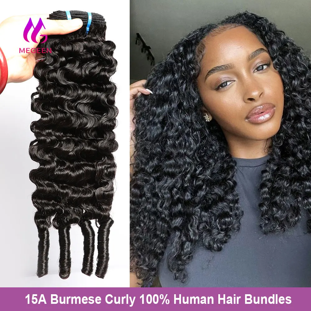Megeen 15A Unprocessed Burmese Curly Virgin Hair Bundles with Spriral Ends Human Hair 1/3/4Pcs Deep Wave Weave Hair Extensions