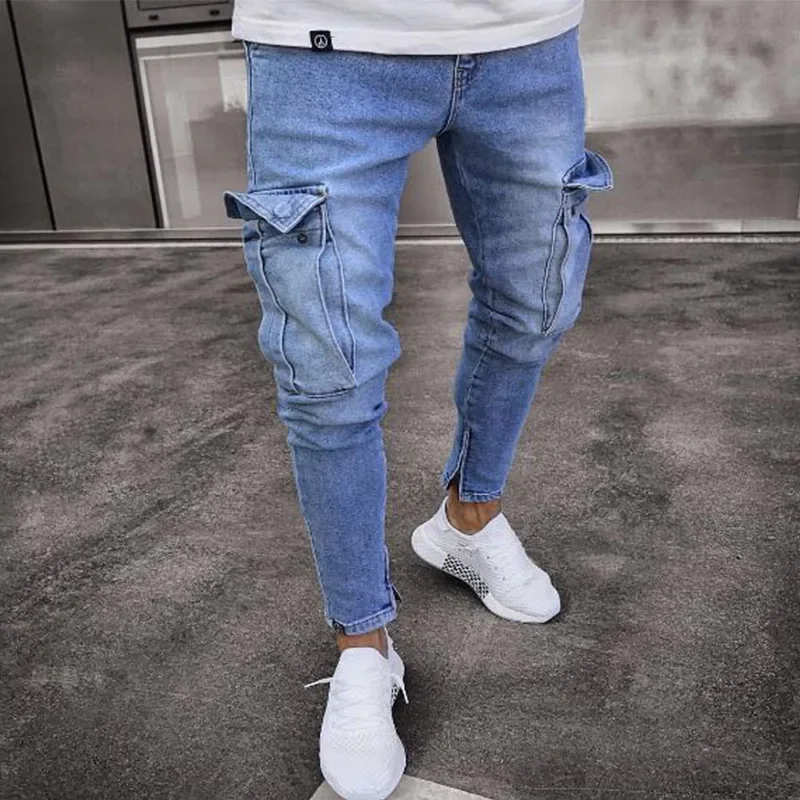 

Street Elastic Jeans Men Denim Cargo Pants Wash Solid Color Multi Pockets Casual Mid Waist Trousers Slim Fit Daily Wear Joggers