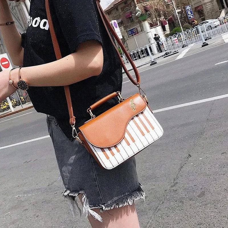 

PU leather shoulder bag, women's fashion flap tote, music embroidery, crossbody messenger bag, handbag, piano motif