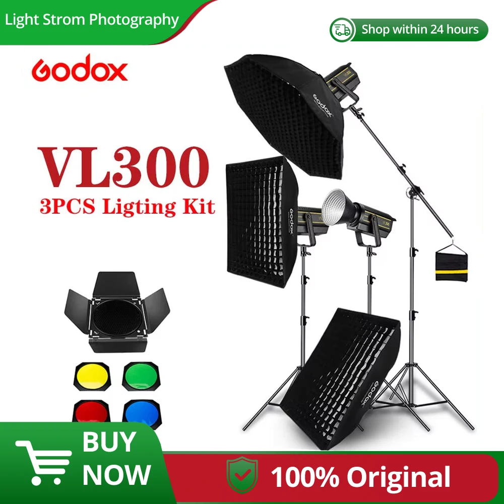 

Godox 3pcs VL300 300W 5600K White Version LED Video Continuous Light + 70x100cm Grid Softbox + 2.8m Light Stand Studio Light