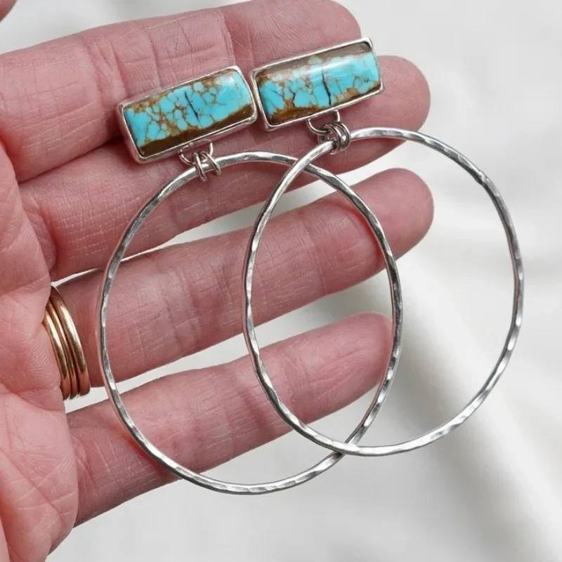 Pendientes de aro circulares grandes de turquesa sintética cuadrada de estilo bohemio para mujer, colgante de banquete Chapado en plata Vintage, regalo de joyería