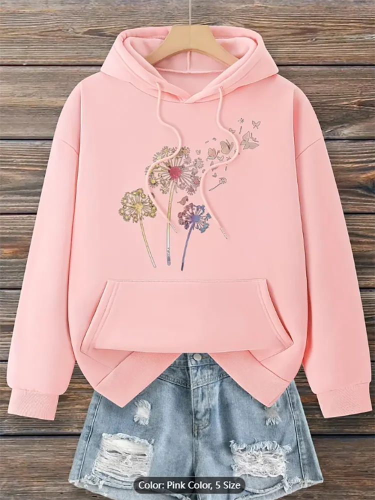 

Женская абрикосовая толстовка с рисунком одуванчика и бабочки, повседневная толстовка с капюшоном большого размера на шнурке для любителей природы, хлопок