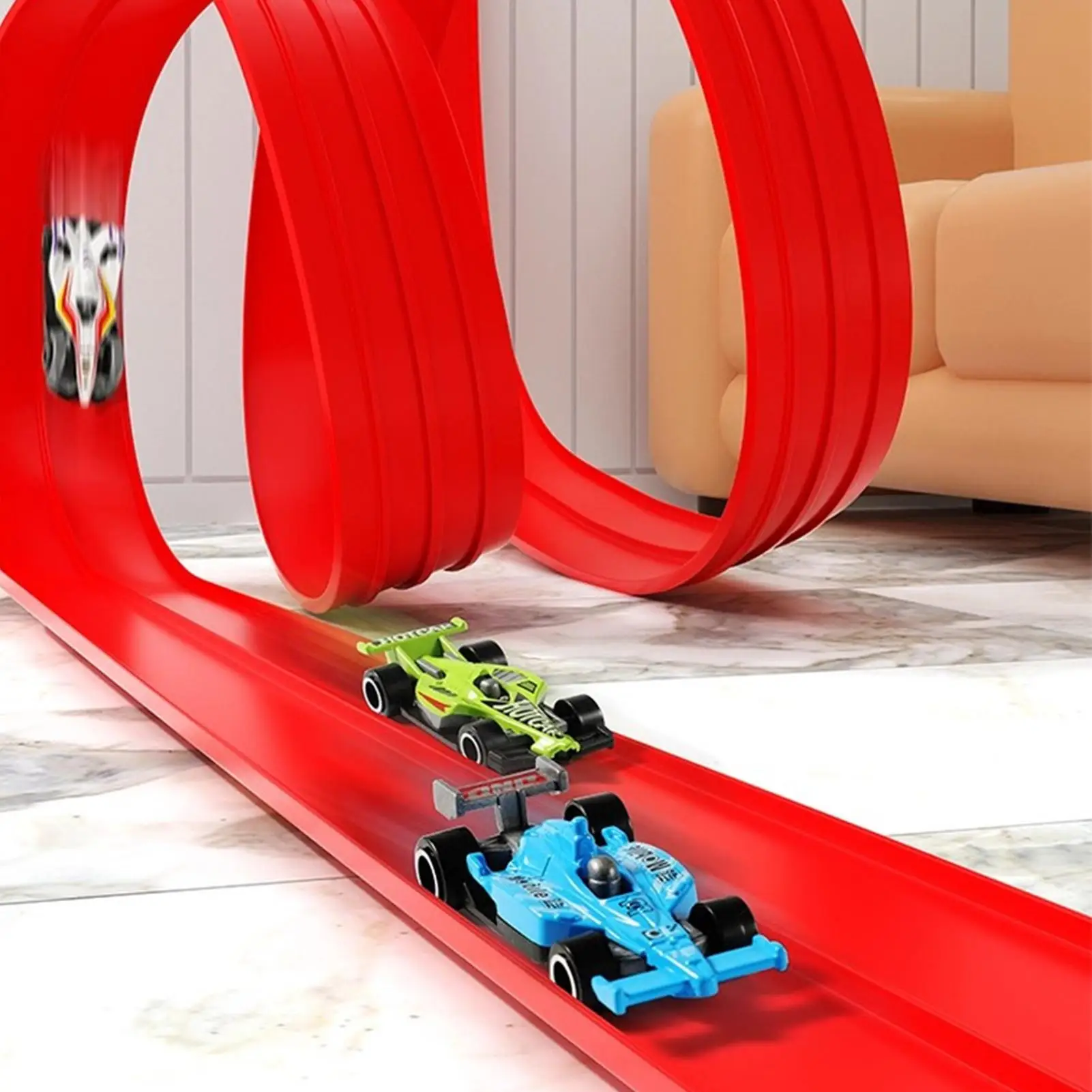 

The Flexible Race Track Children Toys DIY track Car Ramp PVC track includes 4 toy Cars Portable Rolls Up Boy Christmas Gift
