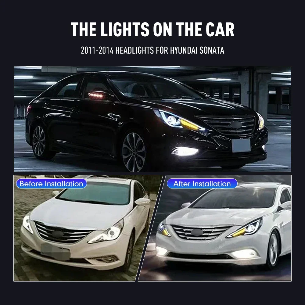 ชุดไฟหน้ารถยนต์ LED สำหรับ Hyundai Sonata ปี 2011-2014 ไฟหน้าด้านหน้าพร้อมไฟ DRL และไฟเลี้ยว แบบเสียบปลั๊กใช้งานได้ทันที