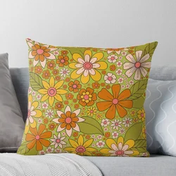 1960s, 1970s Retro Floral in Green, Pink & Orange - Flower Power Throw Pillow Sofa Covers For Living Room Custom Cushion