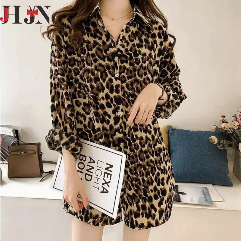 Chiffon Blouse Long Sleeve Sexy Leopard Print Blouse Turn Down Collar Lady Office Shirt Tunic Casual Loose Tops Oversized