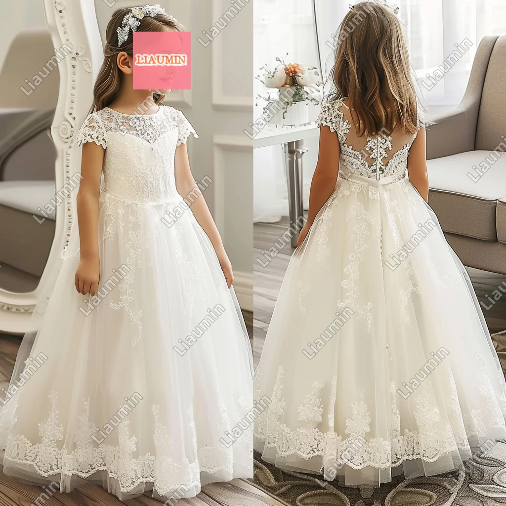 

Custom Made White Flower Girl Dresses Short Sleeve Tulle Princess Lace Applique First Communion Pageant SKirt For Kids W17-3.16