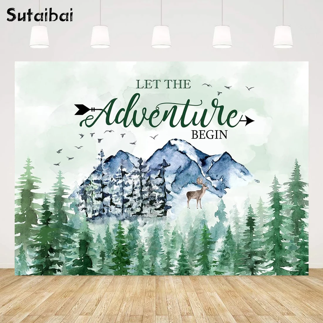 Adventure Awaits Baby Shower Backdrop Pine Tree Mountain Woodland Animals Wilderness Adventure Photography Background