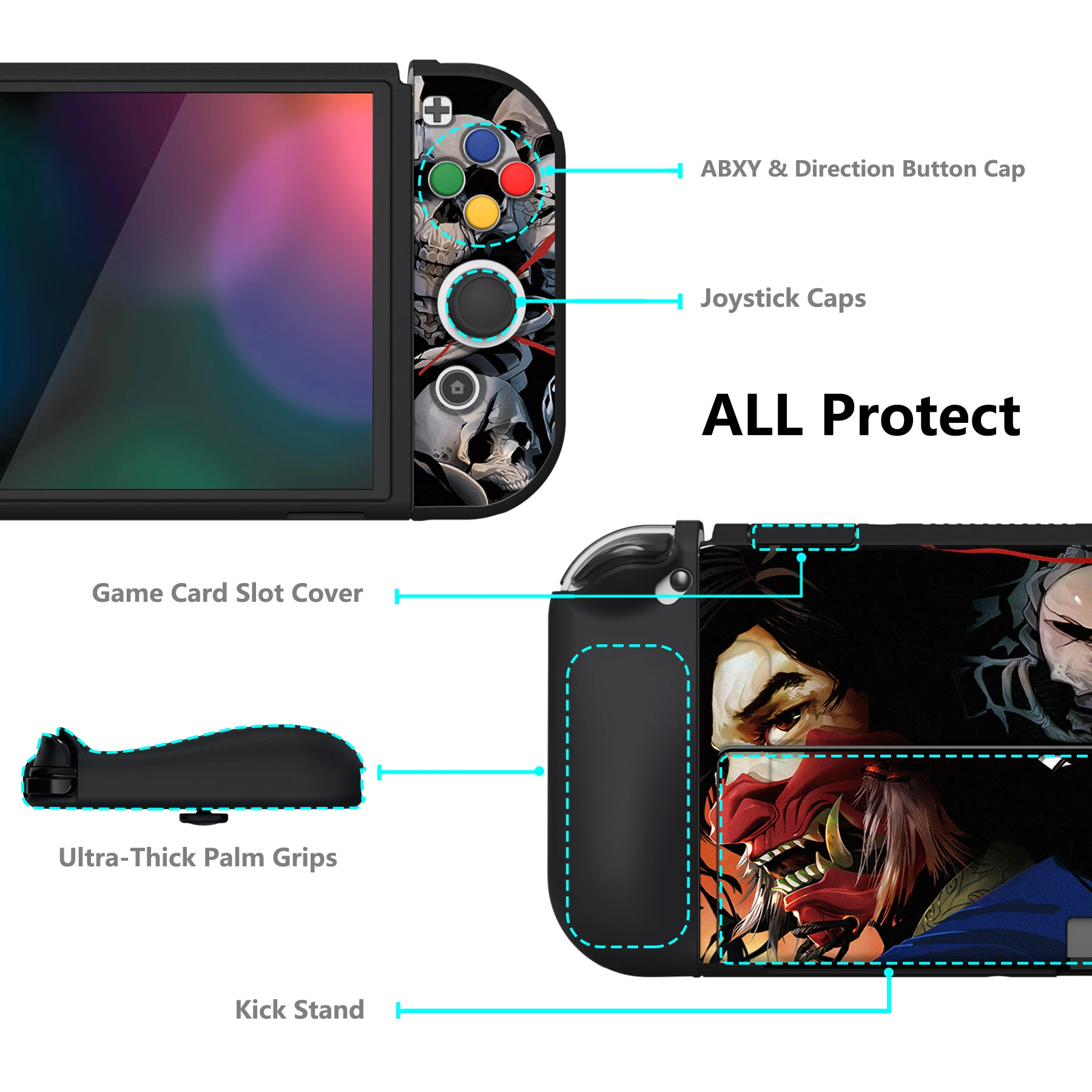 PlayVital ZealProtect Soft Protective Case Protector for Nintendo Switch OLED W/Thumb Grips - Clown Hahaha & Ghost of Samurai