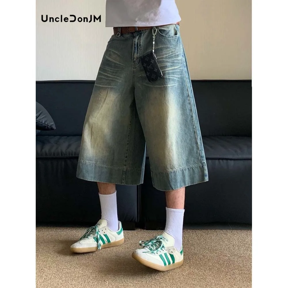 

Retro Wide Leg Jorts Summer Retro Washed Straight Denim Shorts Men Knee Lenght Pants