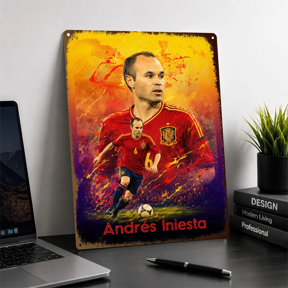 Andrés Iniesta Football Textured Poster Customized Metal Tin Sign Matchday Hero Style Wall Art For Clubhouse And Collector Den