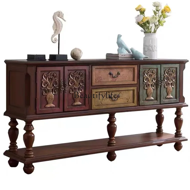 

American Style Solid Wood Sideboard Mediterranean Retro Painted One Wall