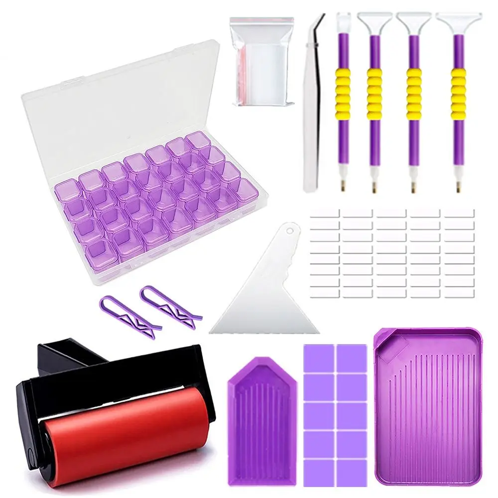 

5D DIY Diamond Painting Tools Set Art Tool Craft Drill Plate Tool Set Roller Pen with 28Grid Storage Box Mosaic Glue Pen Kit