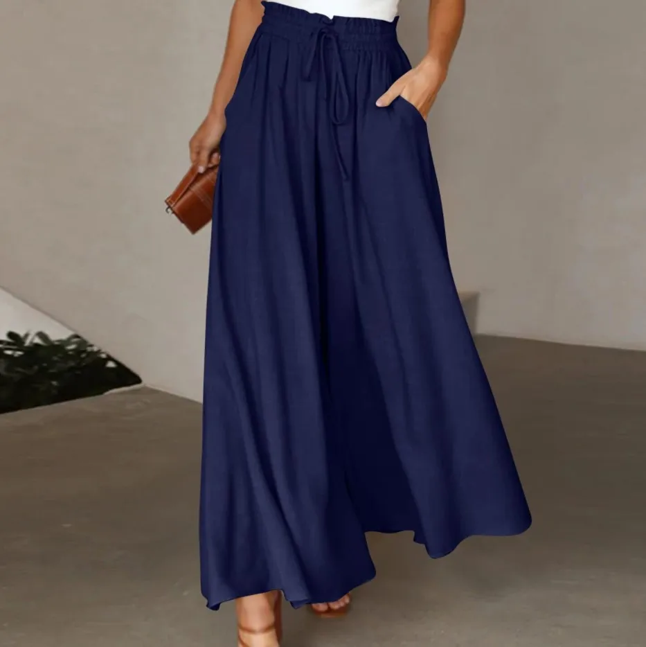 

New Women's Wide Leg Trousers Elastic Belt Wide Leg High Waist Long Culottes Women