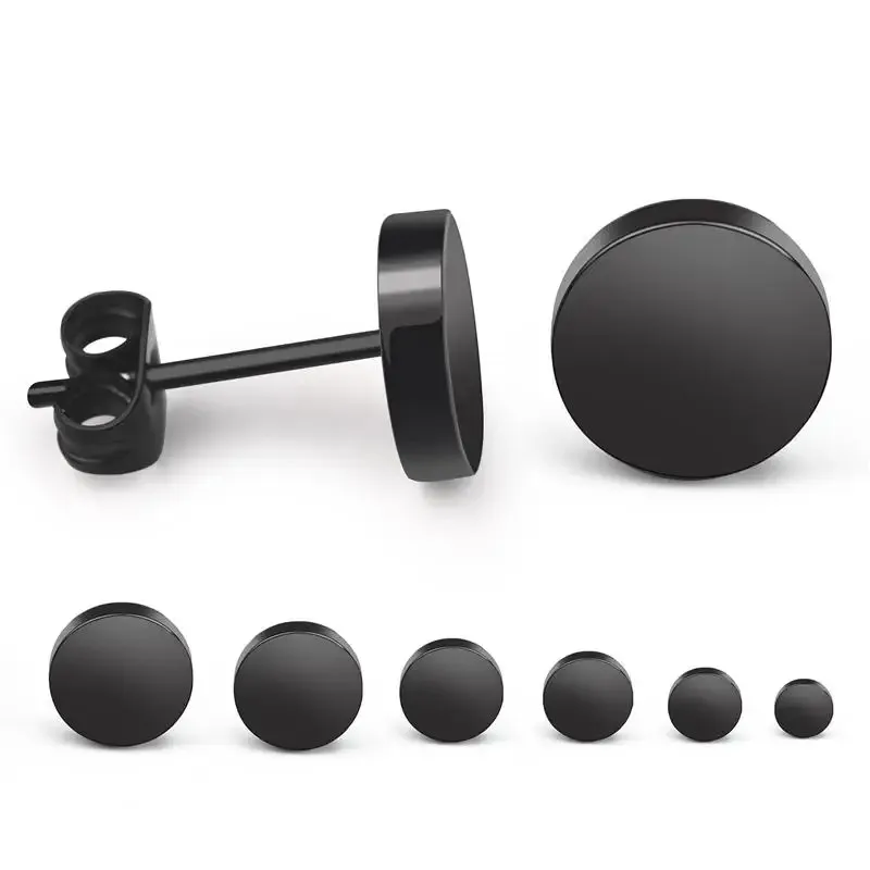 2pcs Stainless Steel Round Black Ear Studs for Men, 3-8mm Punk Stud Earring Push Back Stud Earrings For Women Men Jewelry