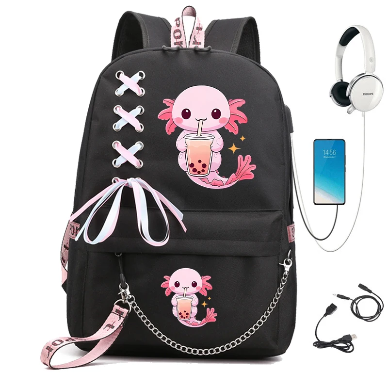 Girls Backpack Boba Axolotl Bubble Tea Anime Cartoon School Bags for Student Teens Girls Women Laptop Backpack Travel Bagpacks