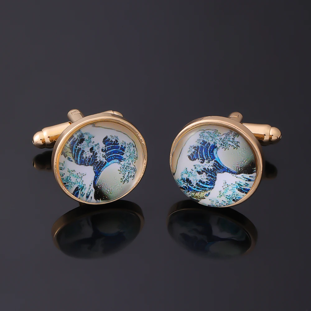 2Psc/Set Golden Mens The Great Wave of Kanagawa Cufflinks Glass Cabochon Art Picture Round Sleeve Button