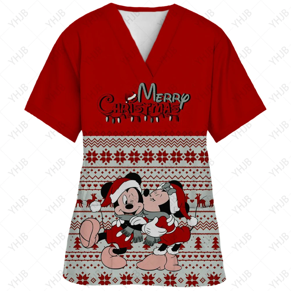 Christmas Mickey Mouse Nurse Uniform Frosted Top Women\'s Christmas Cartoon Elk Print Short Sleeve Pocket Bodysuit Uniform Medica