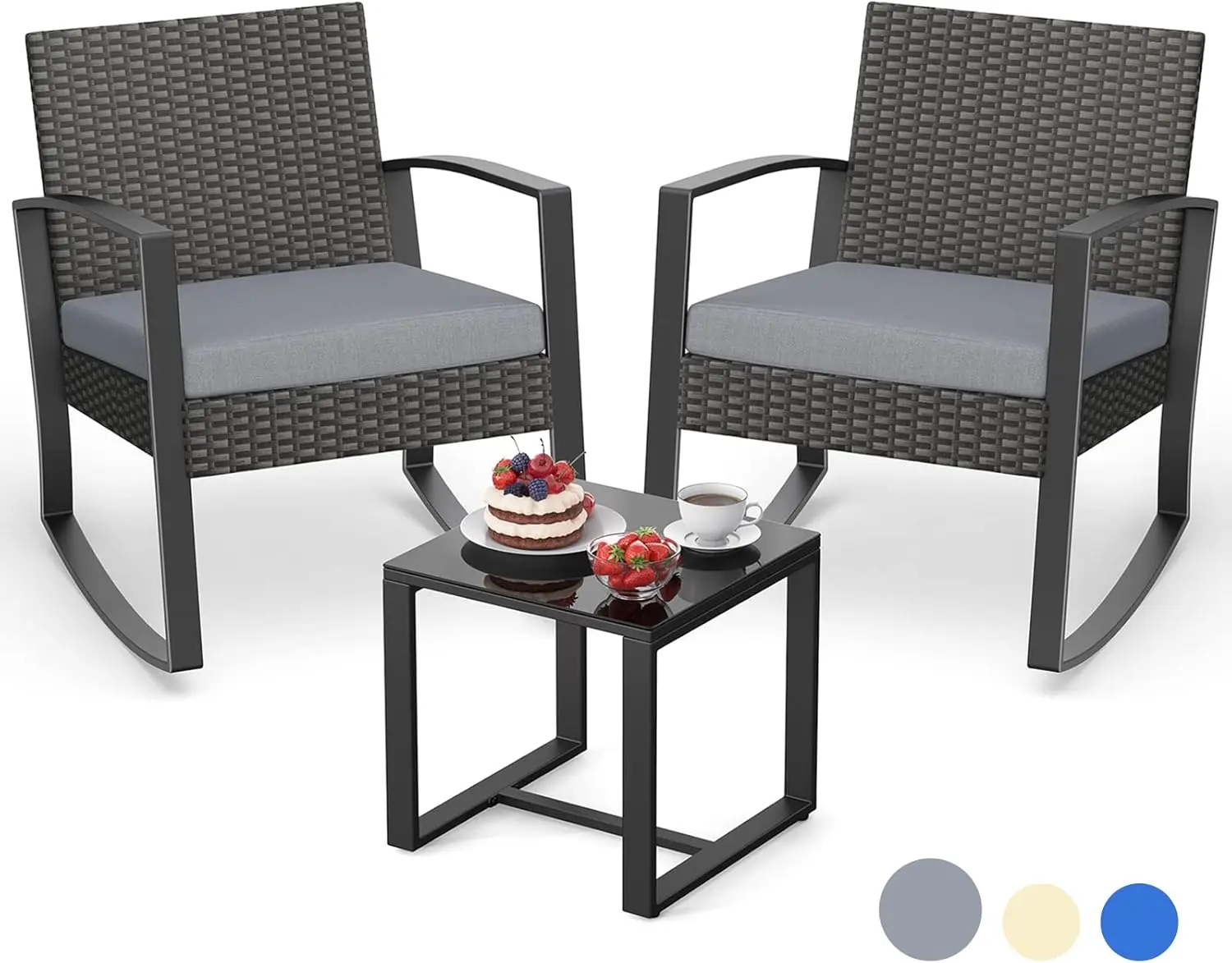 Set furnitur teras, Set furnitur anyaman luar ruangan, Set kursi goyang rotan Modern dengan meja kopi untuk halaman, balkon